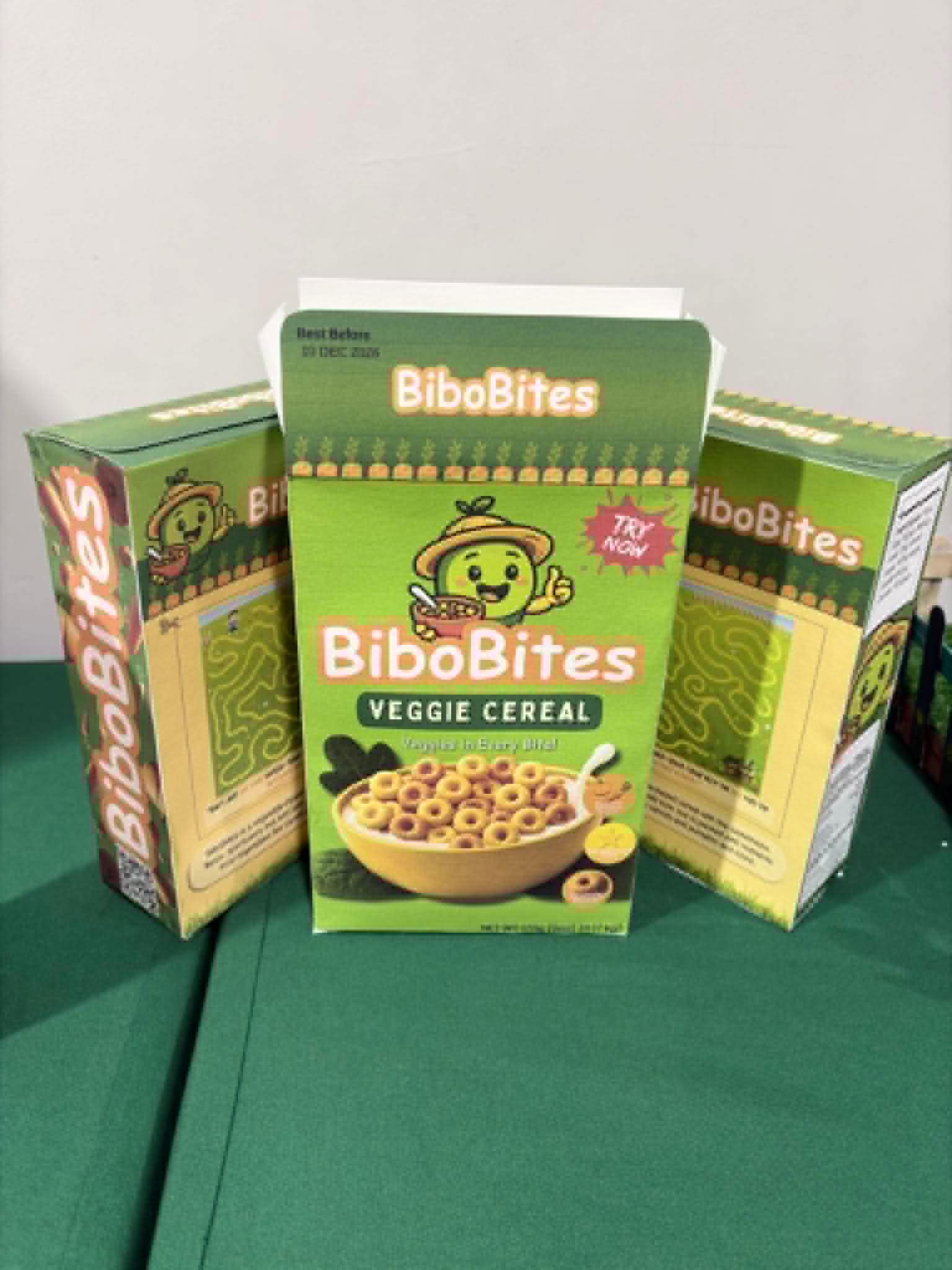 BiboBites veggie cereal boxes arranged on the launch table