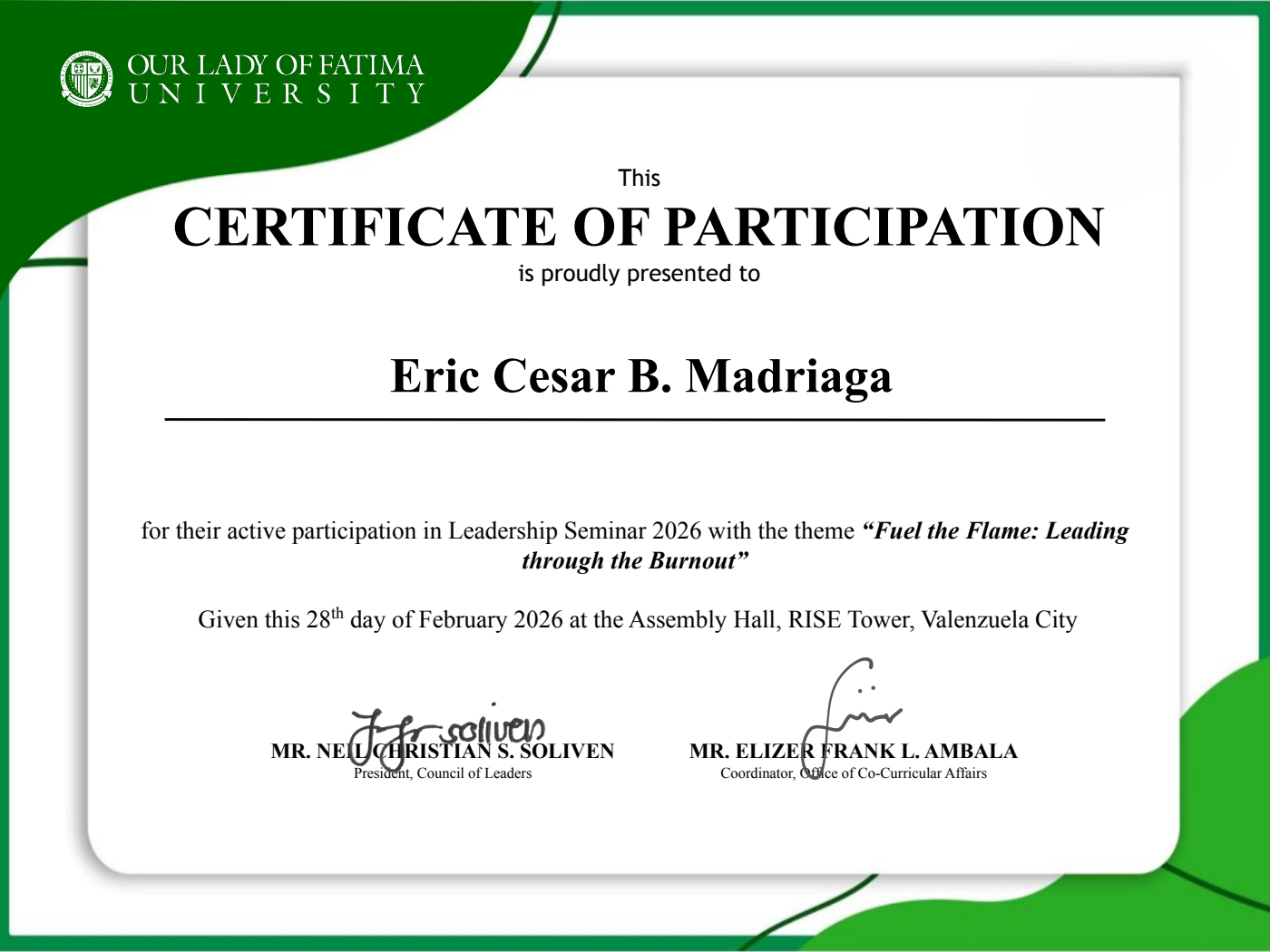 Certificate of participation, Leadership Seminar 2026