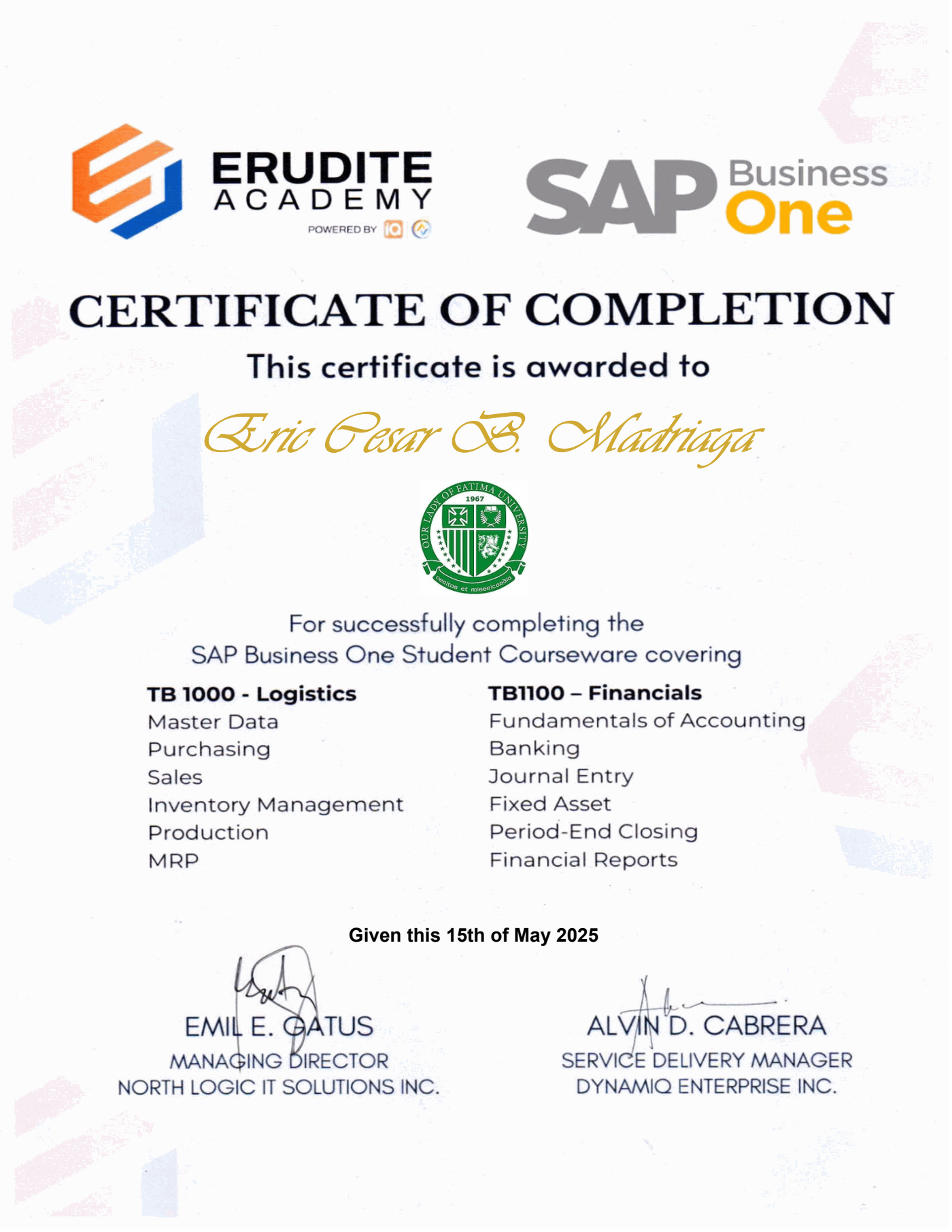 Certificate of completion, SAP Business One student courseware
