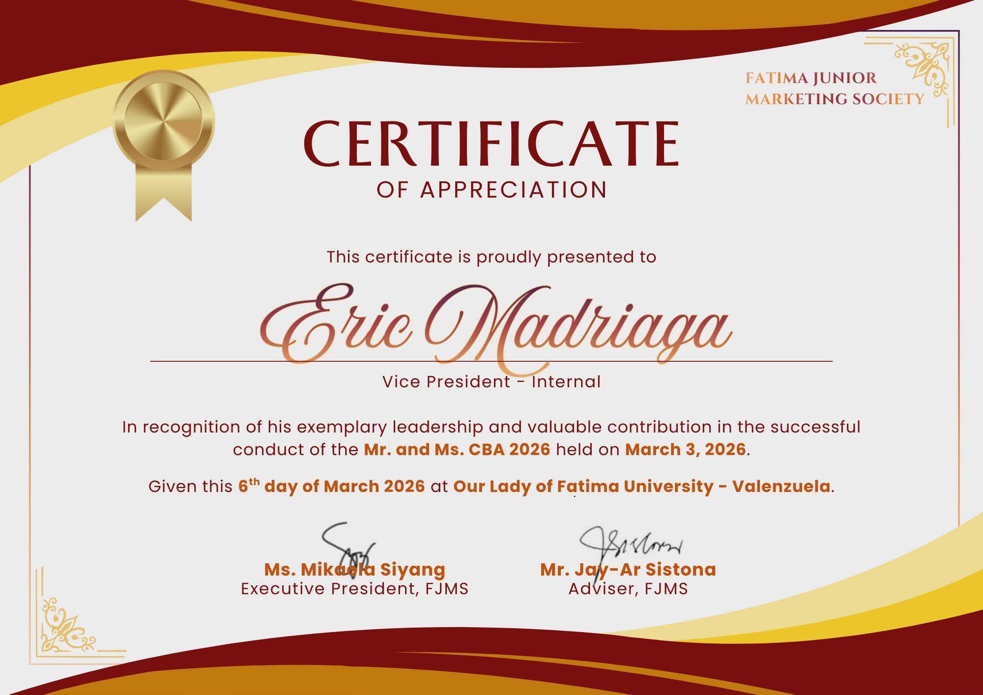 FJMS certificate of appreciation for Mr. and Ms. CBA 2026
