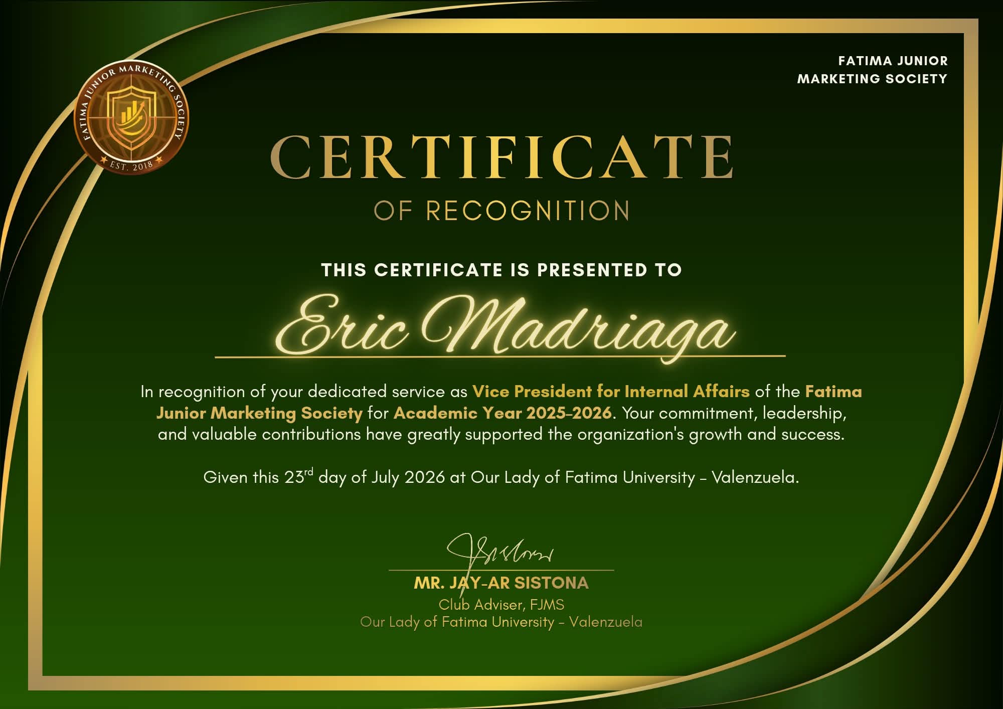 FJMS certificate of recognition for service as Vice President for Internal Affairs