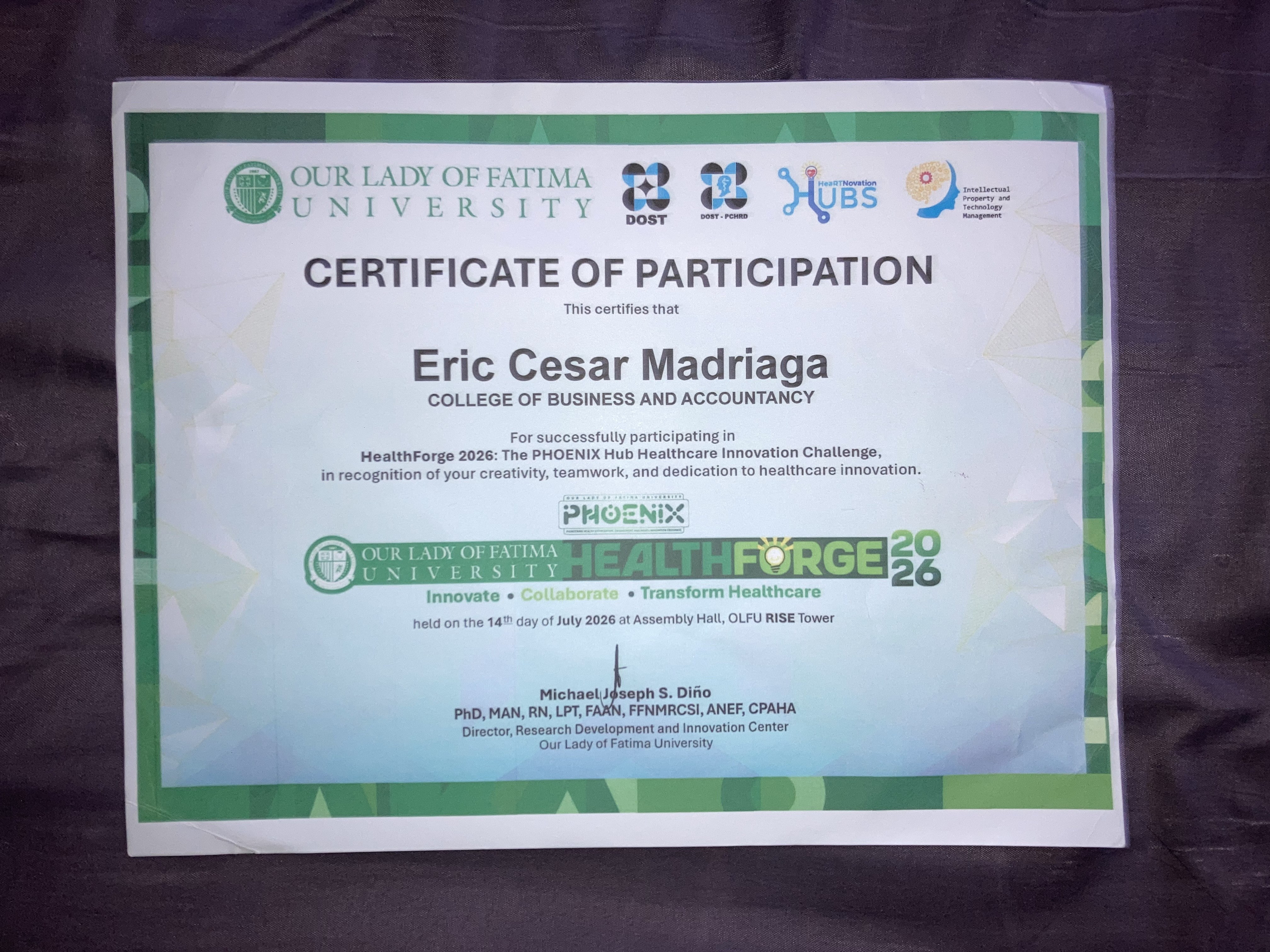 HealthForge 2026 certificate of participation issued to Eric Cesar Madriaga